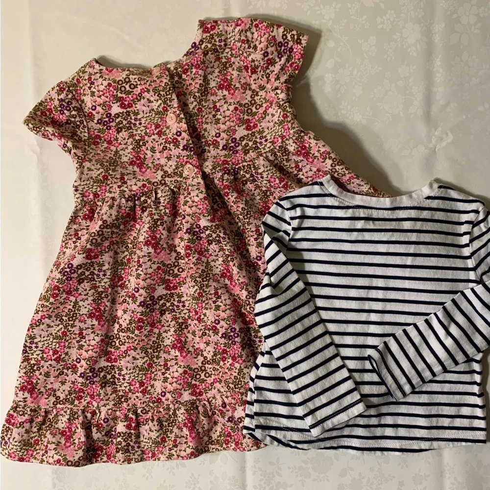 EUC Bundle: Lightweight Pink Floral Smocked Corduroy Dress, Bonus Striped Tee